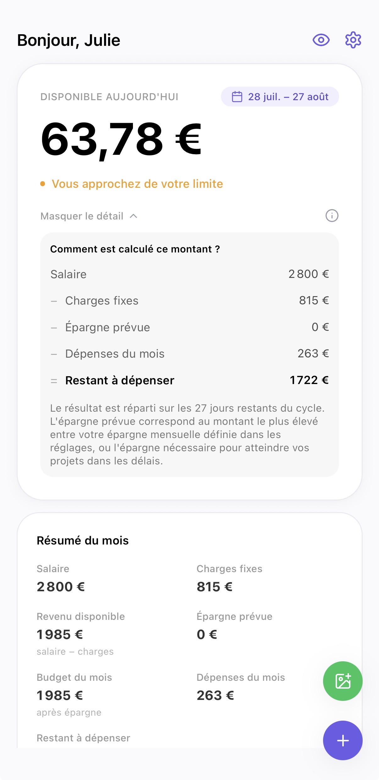 Tableau de bord Pockeo montrant le budget disponible aujourd'hui