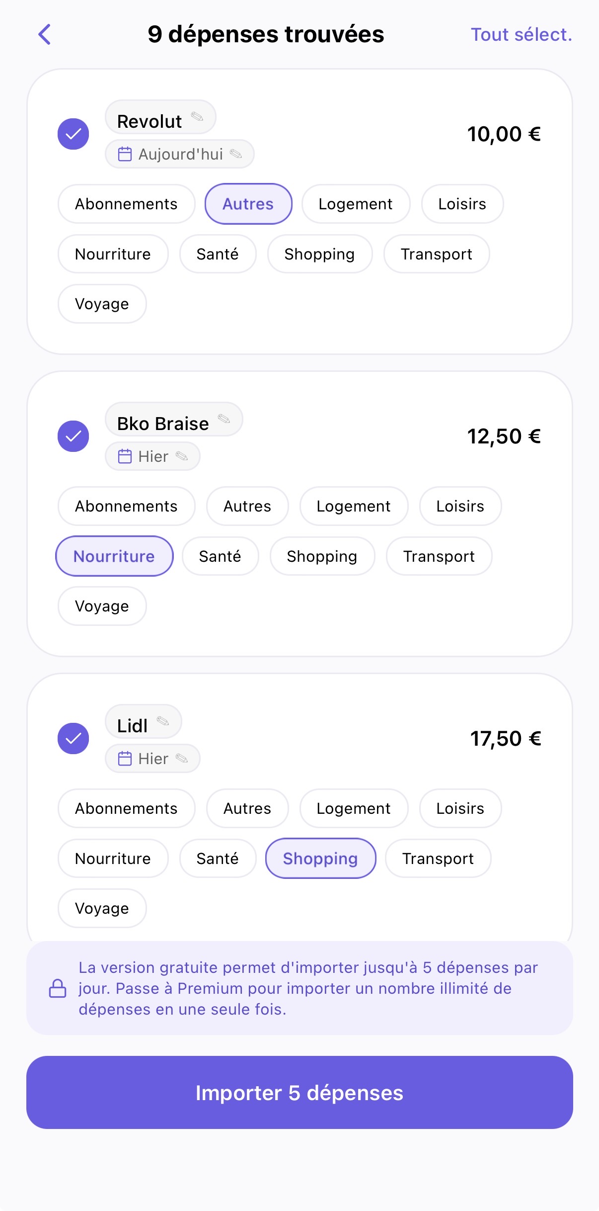 Écran de validation d'un import de dépenses détectées automatiquement
