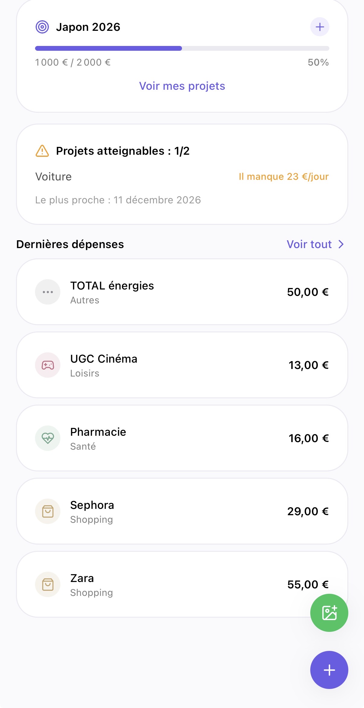 Écran des projets Pockeo avec suivi de progression