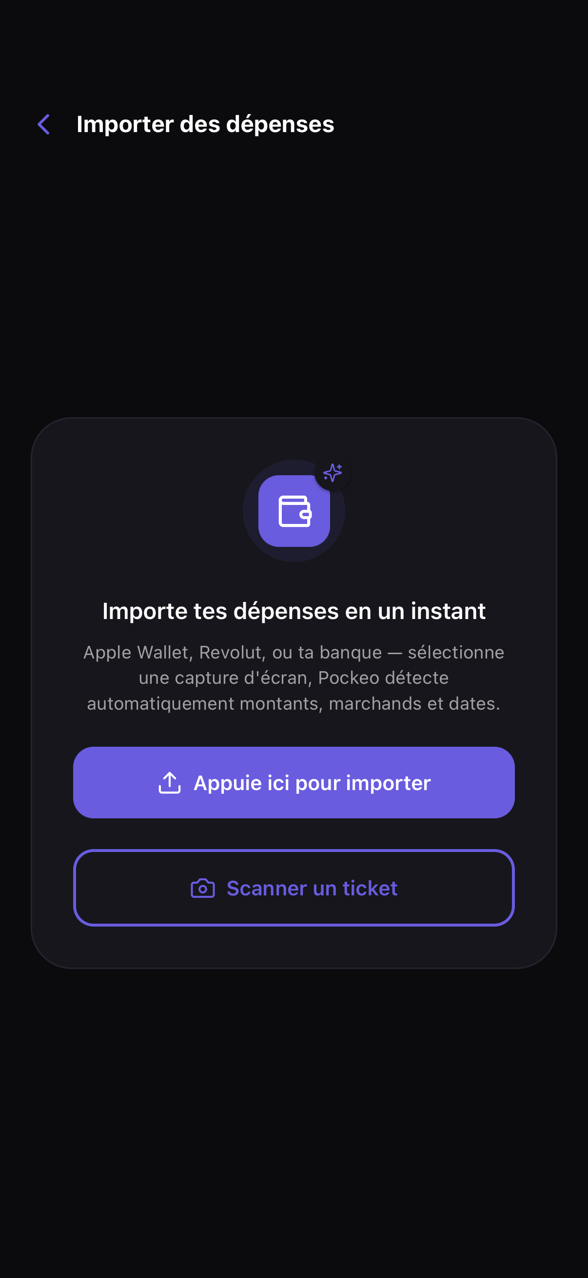 Écran d'import d'une dépense depuis une capture ou un ticket de caisse